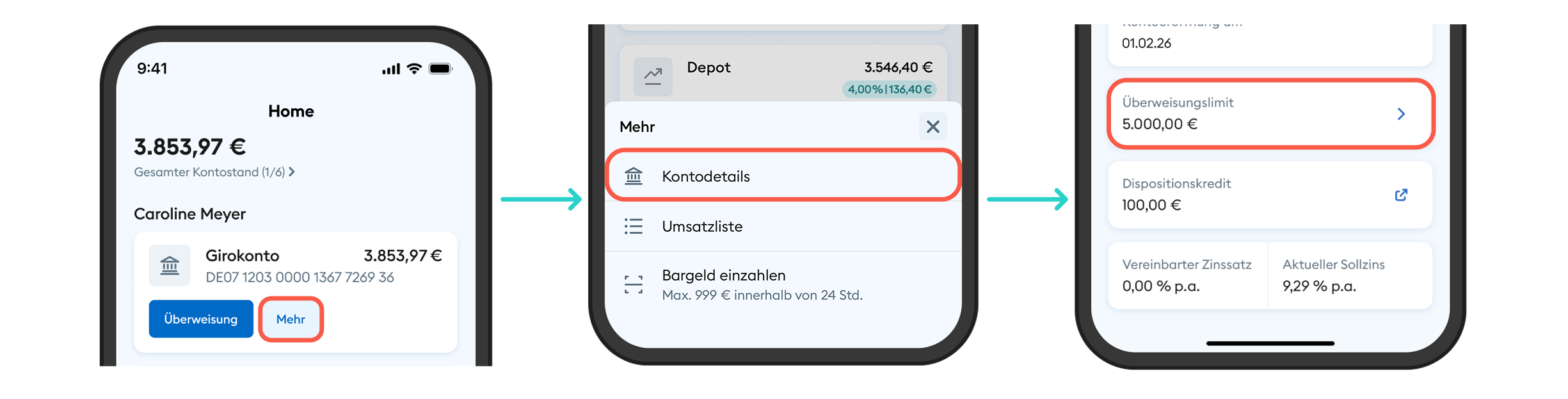 Pfad zum Überweisungslimit in der DKB-App